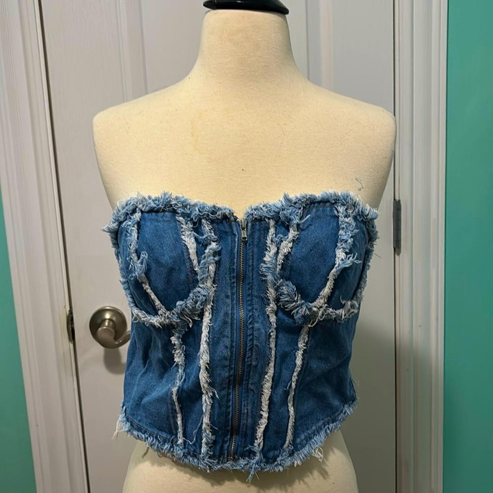 Blue denim, fringe tube top